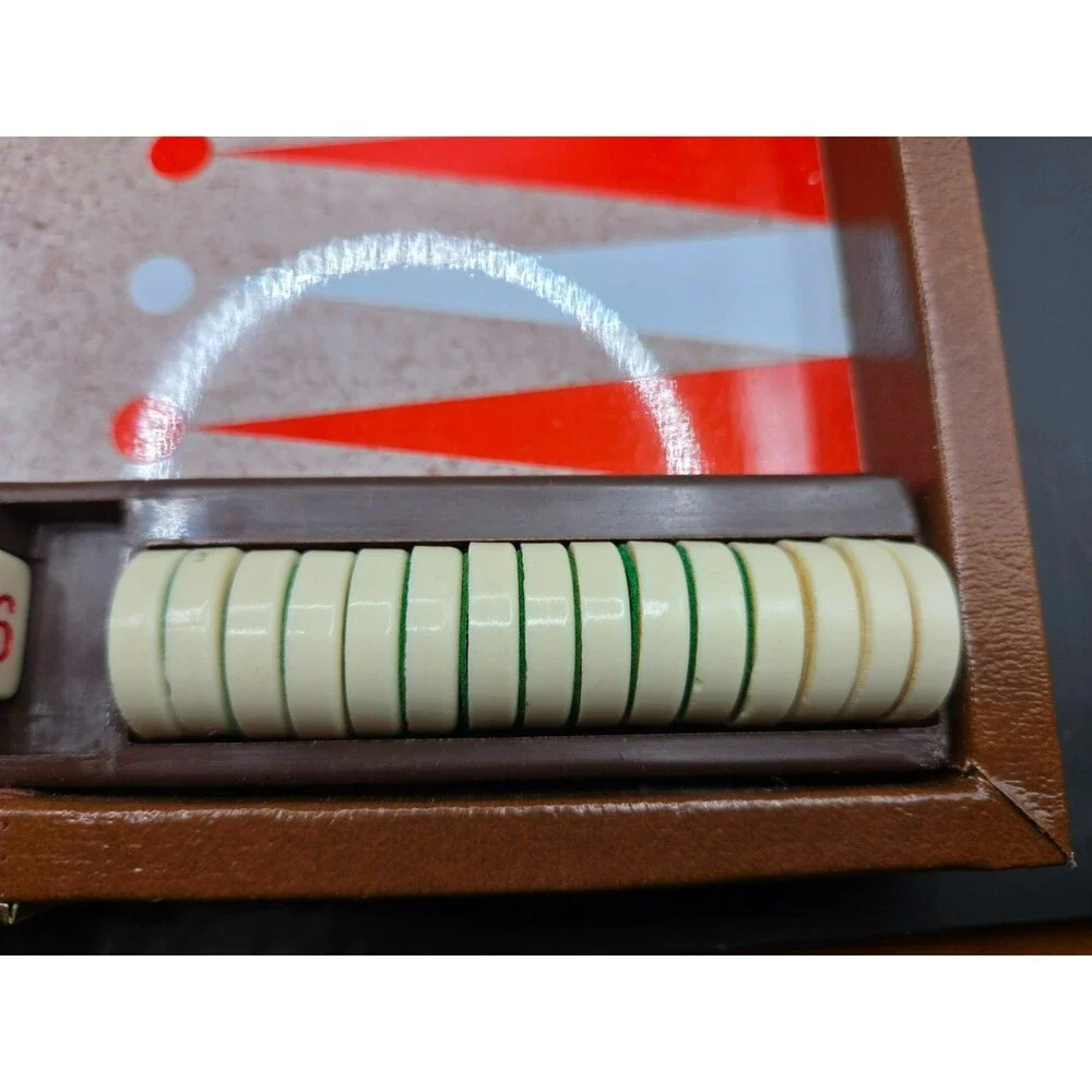 Vintage Folding Backgammon Set - Brown Faux Leather Case with Red & Cream Felt-B
